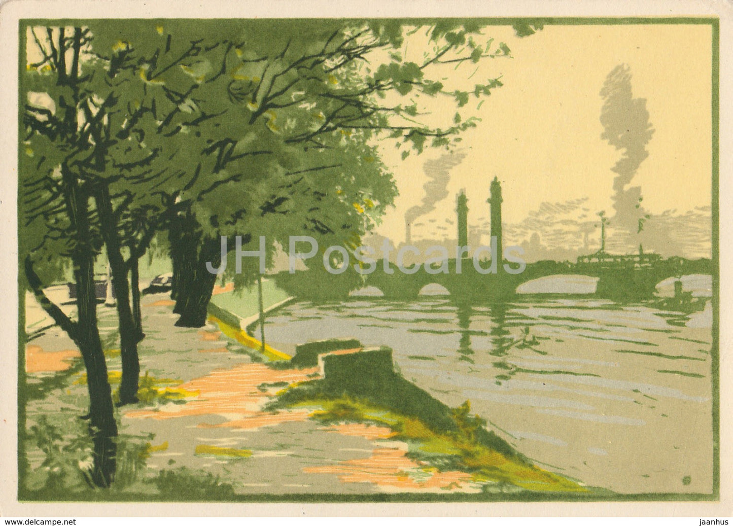 painting by V. Smirnov - Leningrad - St Petersburg - Ushakov bridge - Russian art - 1960 - Russia USSR - unused - JH Postcards