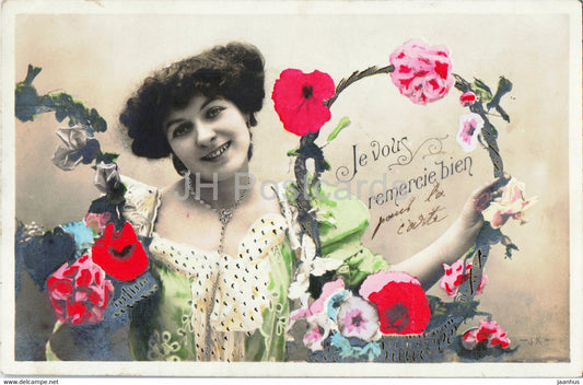 Greeting Card - Je vous remercie bien - woman - flowers - JK - old postcard - France - unused - JH Postcards