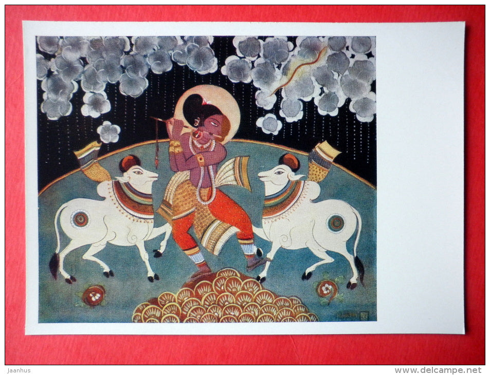 painting by Maya Roy - Krishna with Flute - contemporary art - art of india - unused - JH Postcards