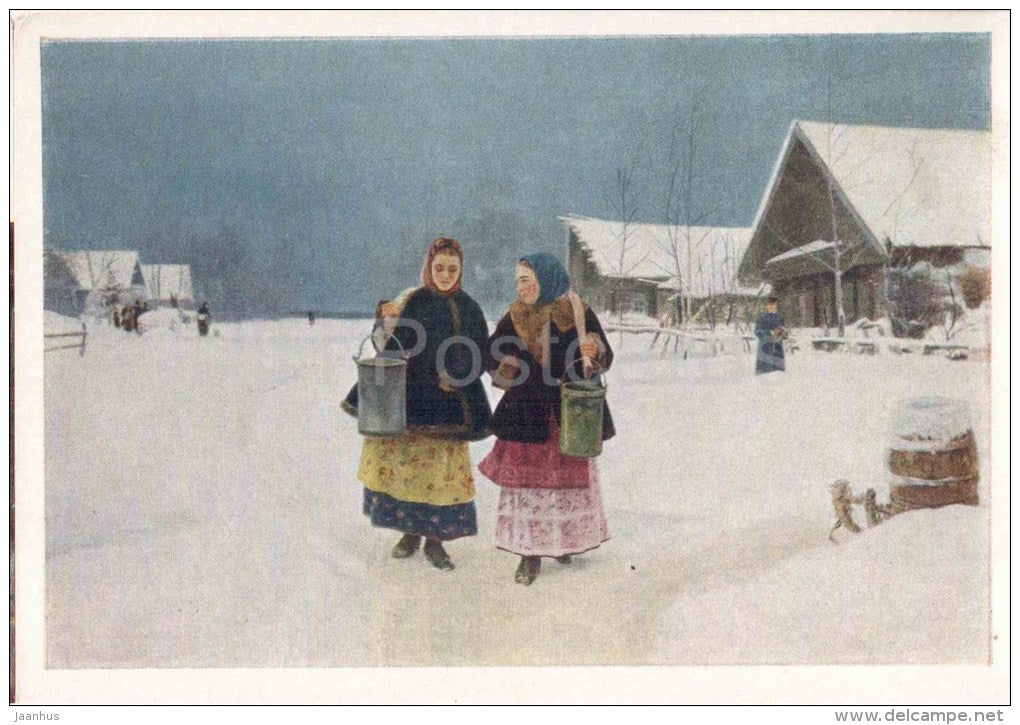 painting by N. Kasatkin - Rivals , 1890 - young women - village - russian art  - unused - JH Postcards