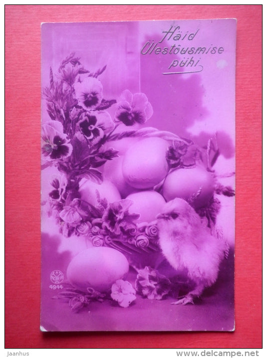 easter greeting card - chick - catkins - pansy - flowers - NOYER 4944 - circulated in Estonia Tallinn 1928 - JH Postcards