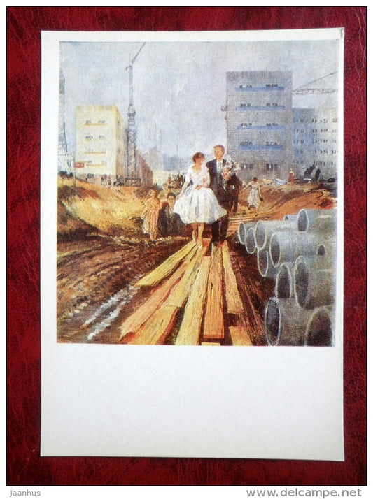 Painting by Y. Pimenov - Wedding on the tomorrow street . 1962 - russian art - unused - JH Postcards