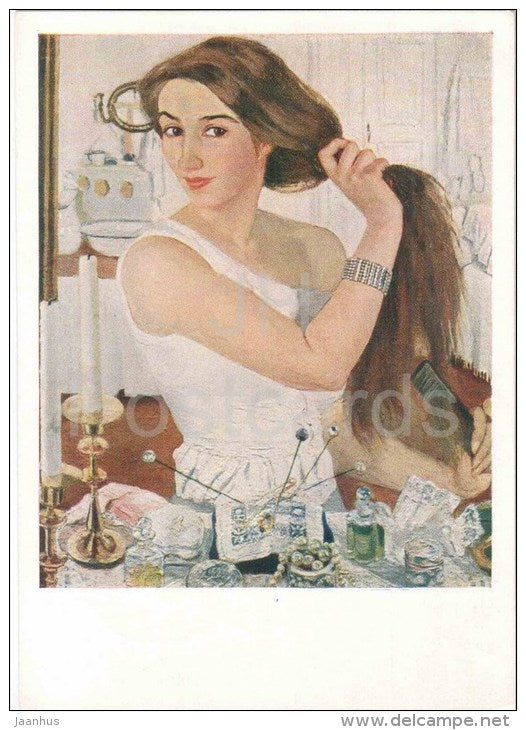 painting by Z. Serebryakova - 1 -Lady Combing Her Hair , self-portrait , 1909 - woman - beauty - russian art - unused - JH Postcards