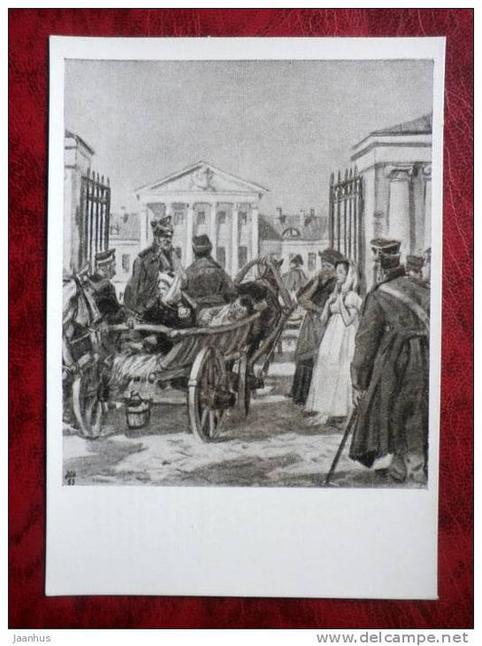 Drawing by D. A. Shmarinov - wounded soldiers , Tolstoy War and Peace , 1953 - russian art - unused - JH Postcards