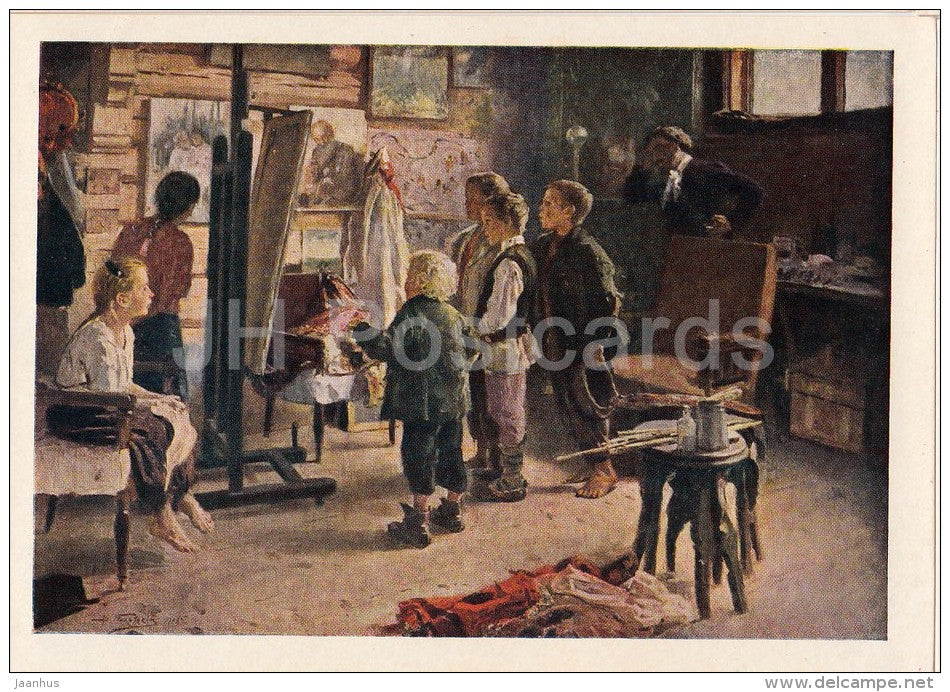 painting by V. Makovsky - In the Artist's studio , 1908 - children - Russian art - 1955 - Russia USSR - unused - JH Postcards