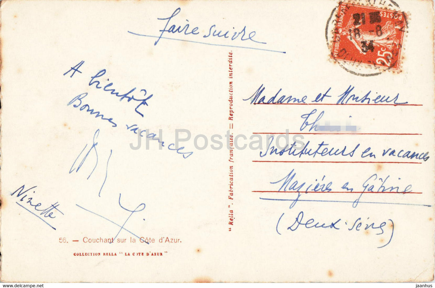 Couchant sur la Cote d'Azur - 56 - old postcard - 1934 - France - used