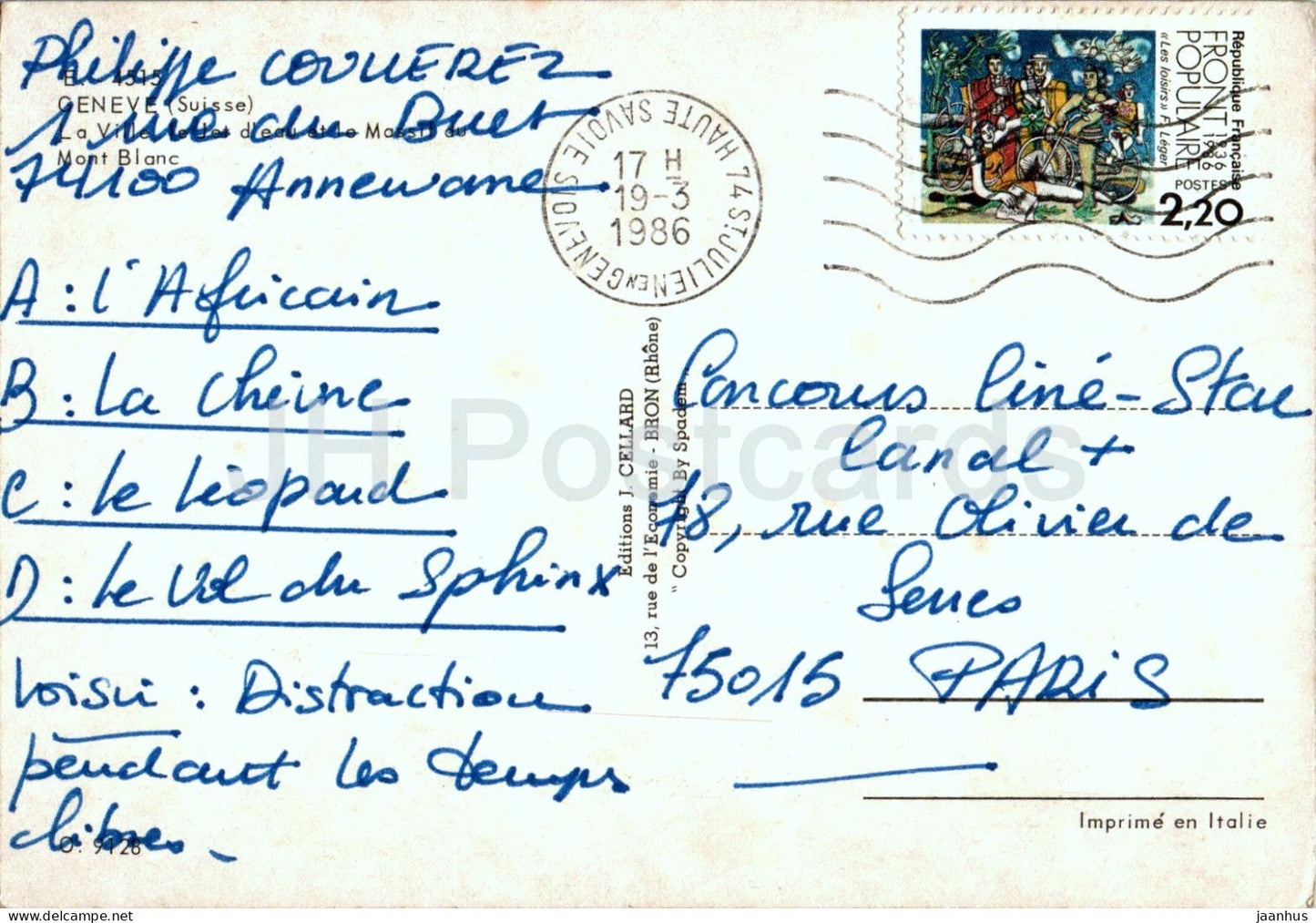 Geneva - Geneve - La Ville le Jet d'eau et le  Massif du Mont Blanc - 9128 - 1986 - Switzerland - used