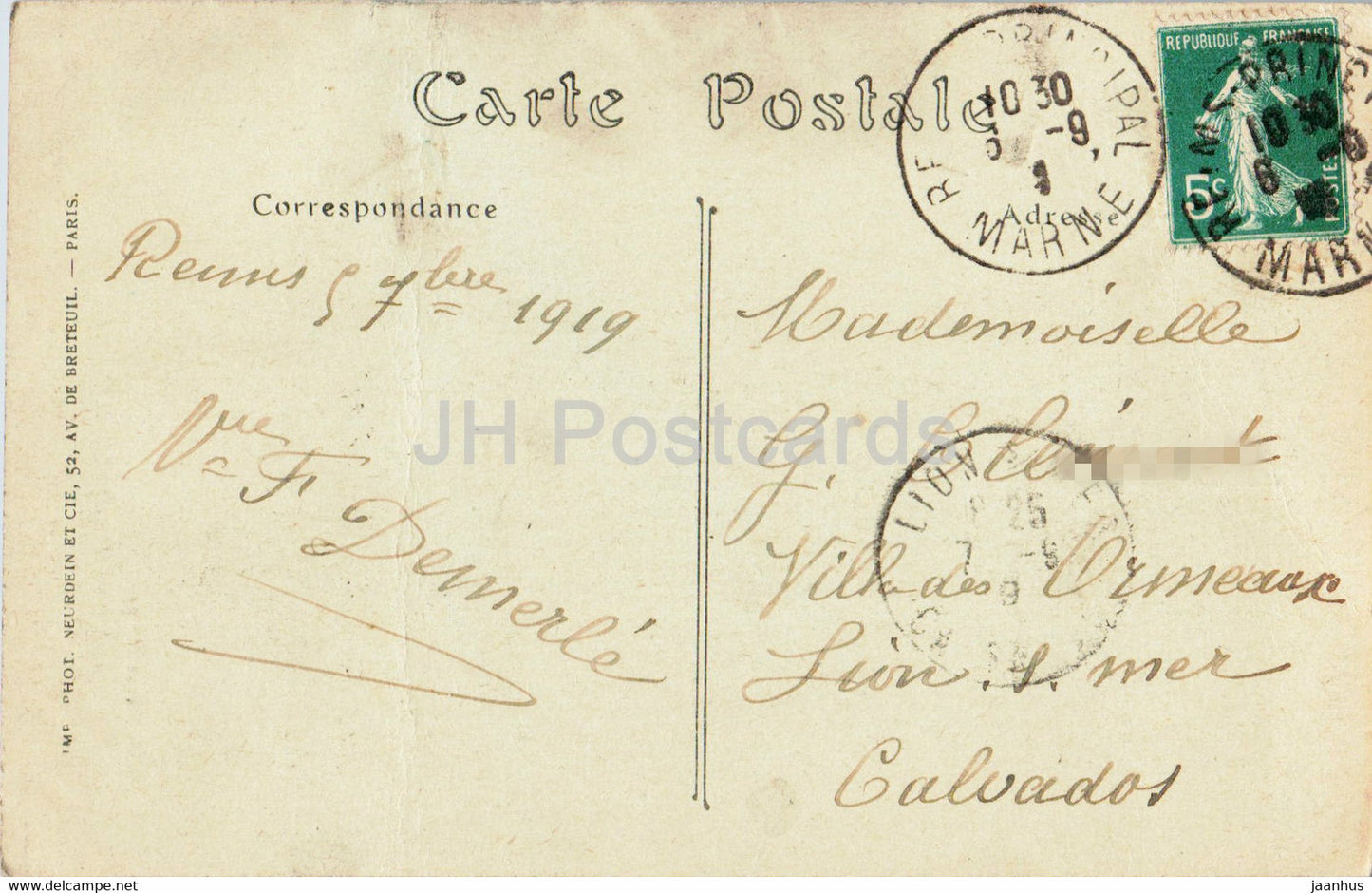 Reims - Cathédrale - L'Ange au Sourire - 55 - carte postale ancienne - 1919 - France - occasion