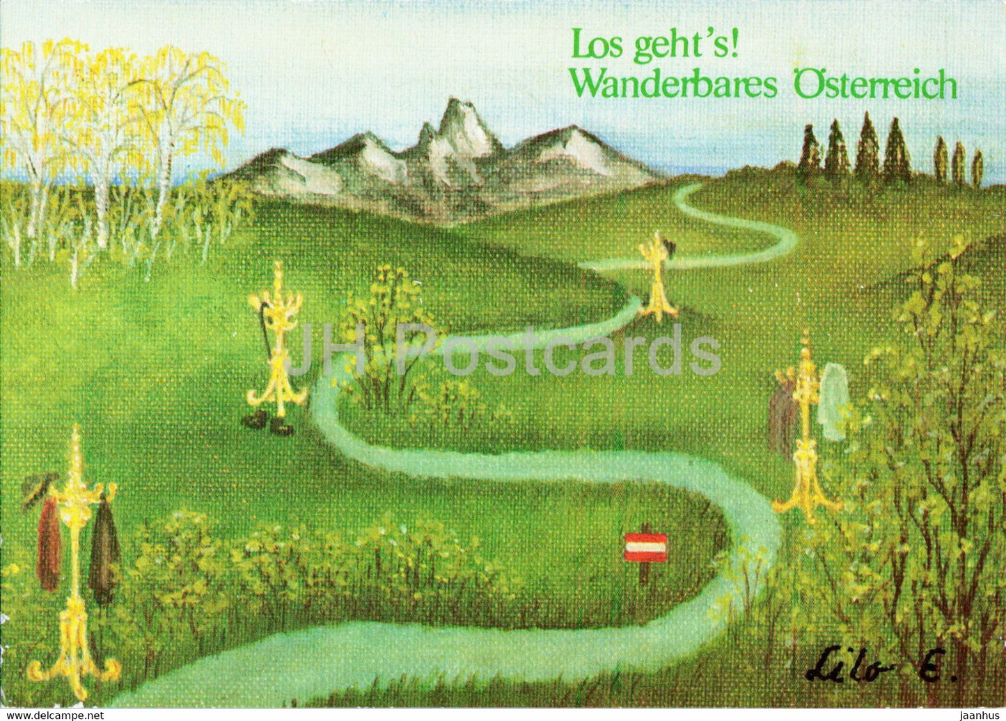 painting by Lilo Emmerling - Los Geht's - Wanderbares Osterreich - German art - Austria - unused - JH Postcards