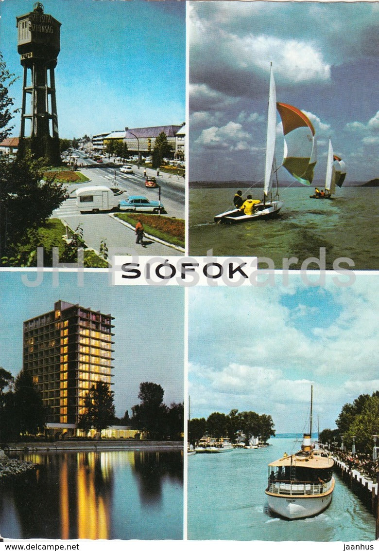 Siofok - hotel - passenger boat - sailing boat - lighthouse - multiview - 1982 - Hungary - used - JH Postcards