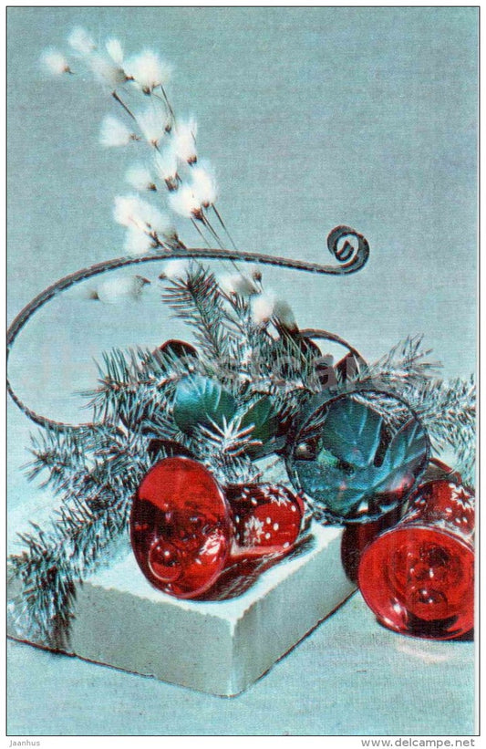 decorations - bell - pine branches - ikebana - composition - Winter Motives - 1976 - Russia USSR - unused - JH Postcards