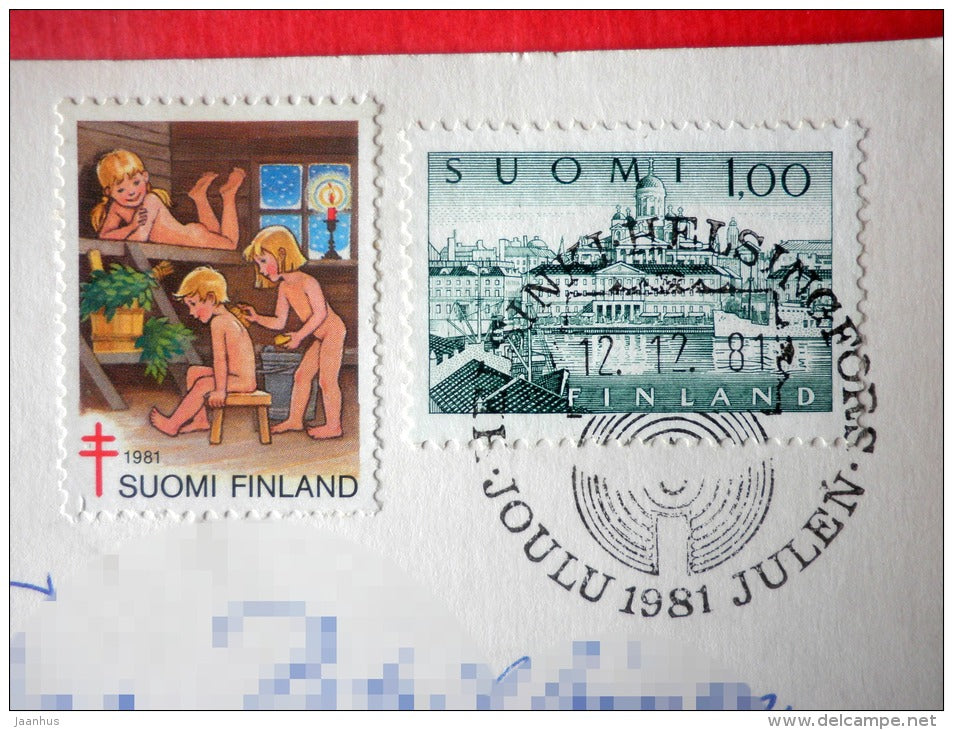 Christmas Greeting Card - house - birds - forest - TPK 421 - Finland - sent from Finland Helsinki to Estonia USSR 1981 - JH Postcards