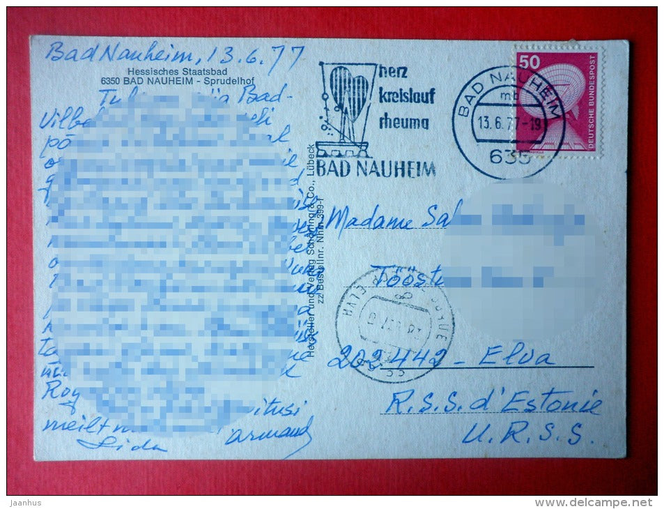 Hessisches Staatsbad - Spurdelhof - Bad Nauheim - special cancel - DDR Germany - sent from Berlin to Estonia USSR 1977 - JH Postcards