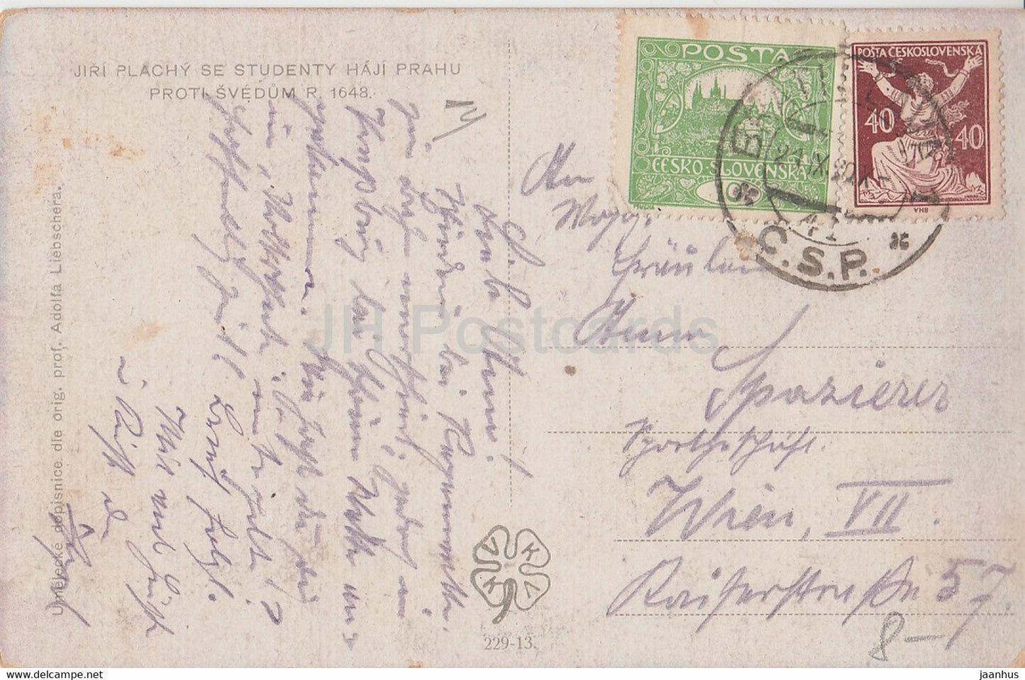 Jiri Plachy se Studenty Haji Prahu Proti Svedum 1648 - carte postale ancienne - Tchécoslovaquie - République tchèque - utilisé