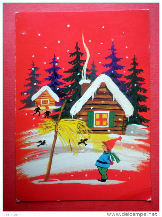 Christmas Greeting Card - house - birds - forest - TPK 421 - Finland - sent from Finland Helsinki to Estonia USSR 1981 - JH Postcards