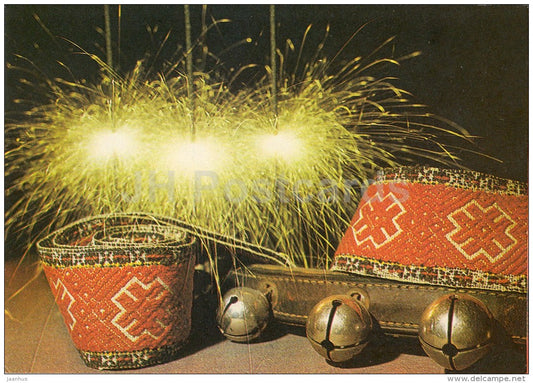 New Year Greeting card - 1 - sparklers - belt of folk costume - sleigh bells - 1984 - Estonia USSR - used - JH Postcards