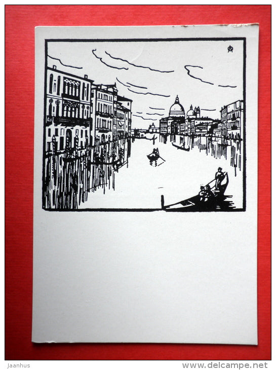 engraving by Anna Ostroumova-Lebedeva - Venice , 1914 - gondola - russian art - unused - JH Postcards