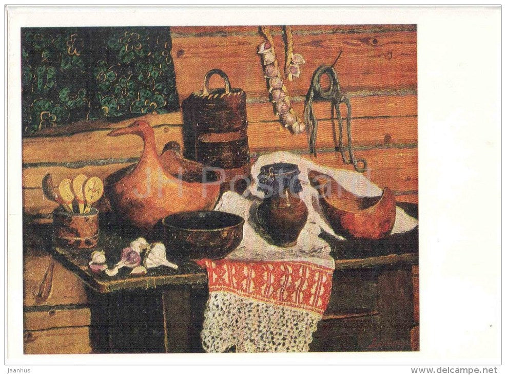 painting by V. Stozharov - Garlic and Dishes , 1967 - russian art - unused - JH Postcards