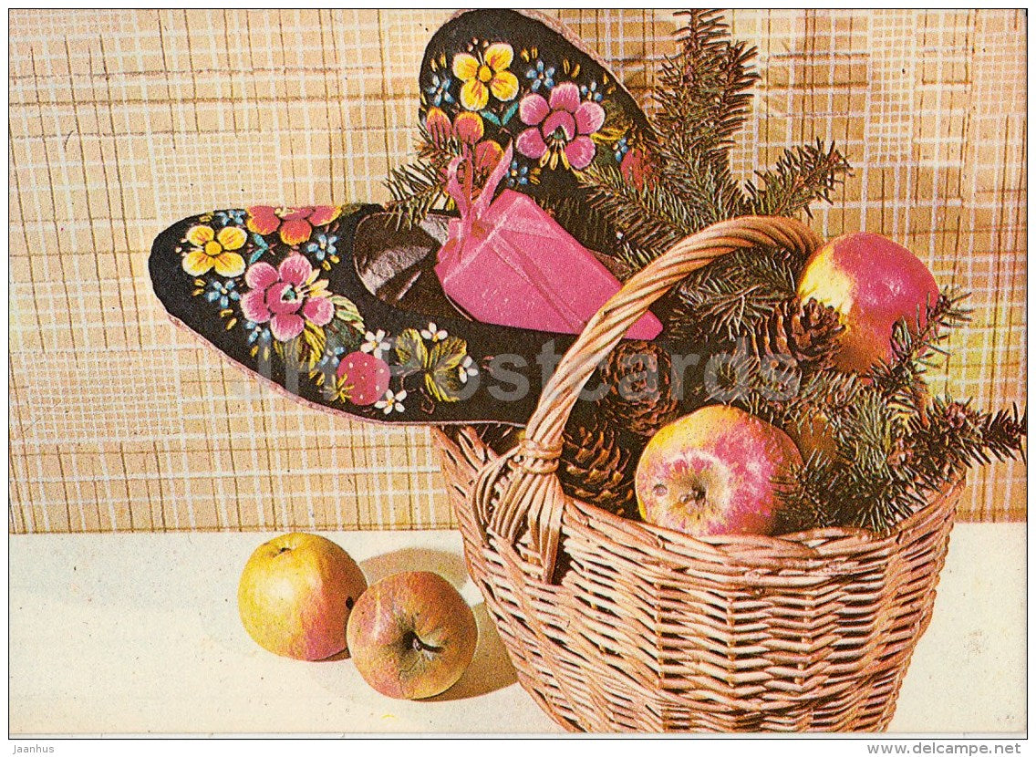 New Year Greeting card - 1 - footwear - apples - basket - 1981 - Estonia USSR - used - JH Postcards