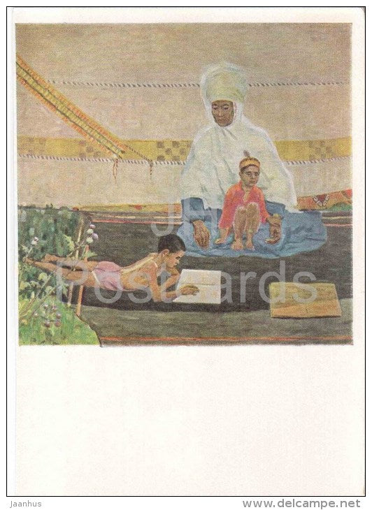 painting by A. Dzhusupov - First Reading - kyrgyz art - unused - JH Postcards