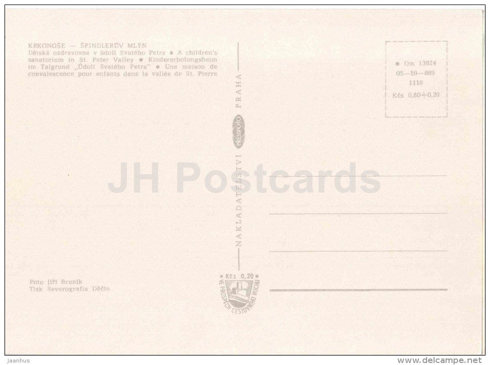 Krkonose - Spindleruv Mlyn - A children´s sanatorium in St. Peter Valley - Czechoslovakia - Czech - unused - JH Postcards