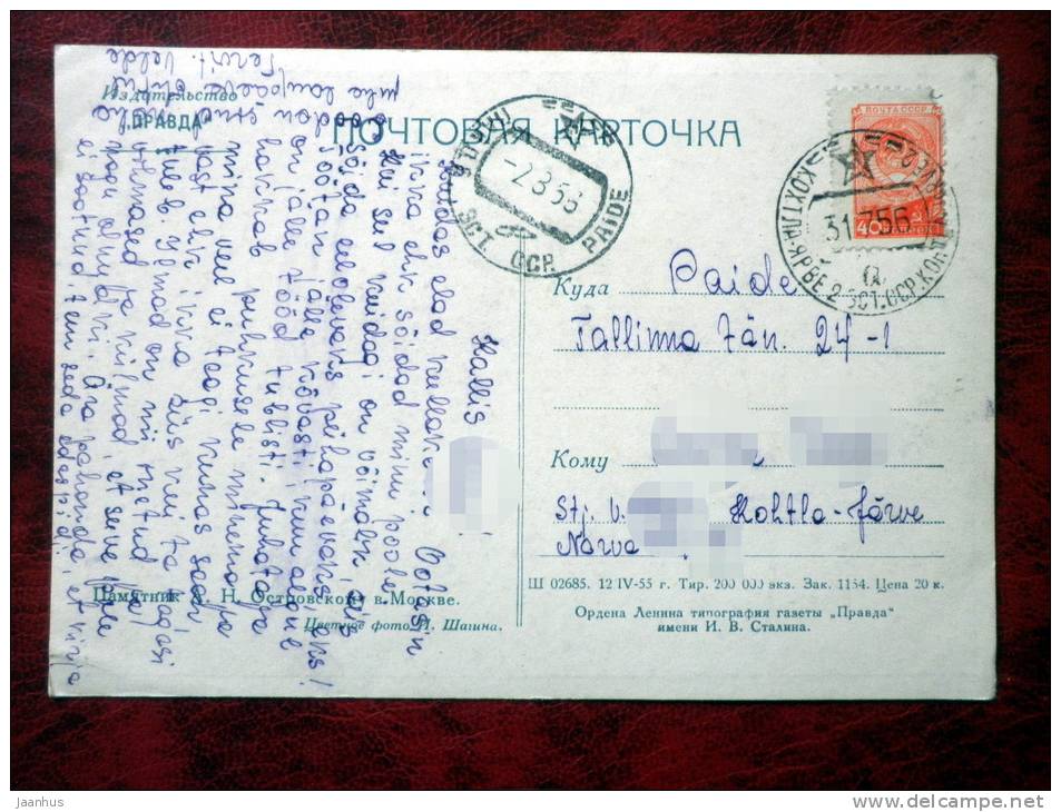 Moscow - Monument to Ostrovsky, playwright - sent to Estonia, stamped - 1955 - Russia - USSR - used - JH Postcards