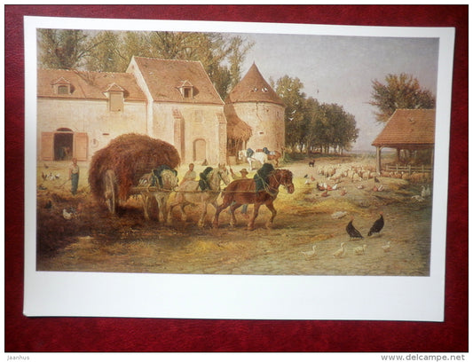 large format postcard - painting by Albert Heinrich Brendel , Farmyard Scene - horses - chicken - german art - unused - JH Postcards
