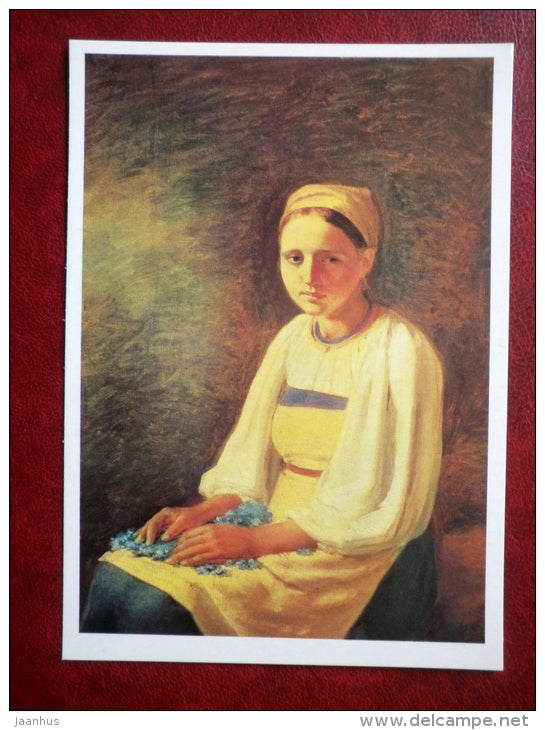 painting by Alexey Venetsianov , Peasant Woman with cornflowers , 1820s - russian art - unused - JH Postcards