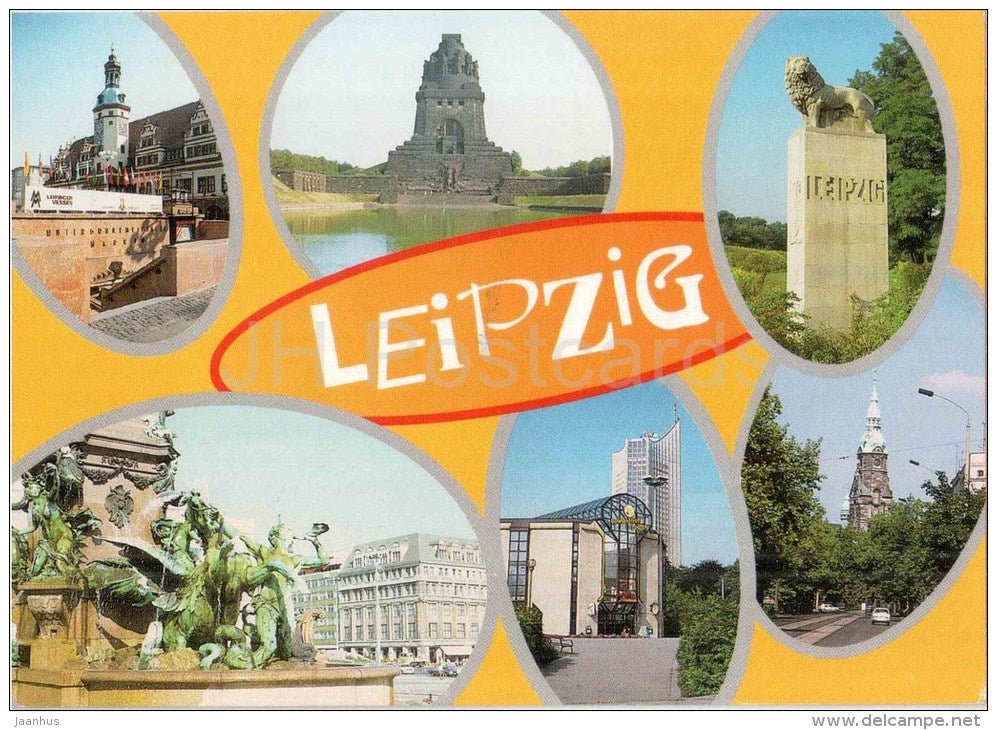 Leipzig - Altes Rathaus - Völkerschlachtdenkmal - Leipziger Löwe - Bowlingtreff - Kirche - Germany - 1996 gelaufen - JH Postcards