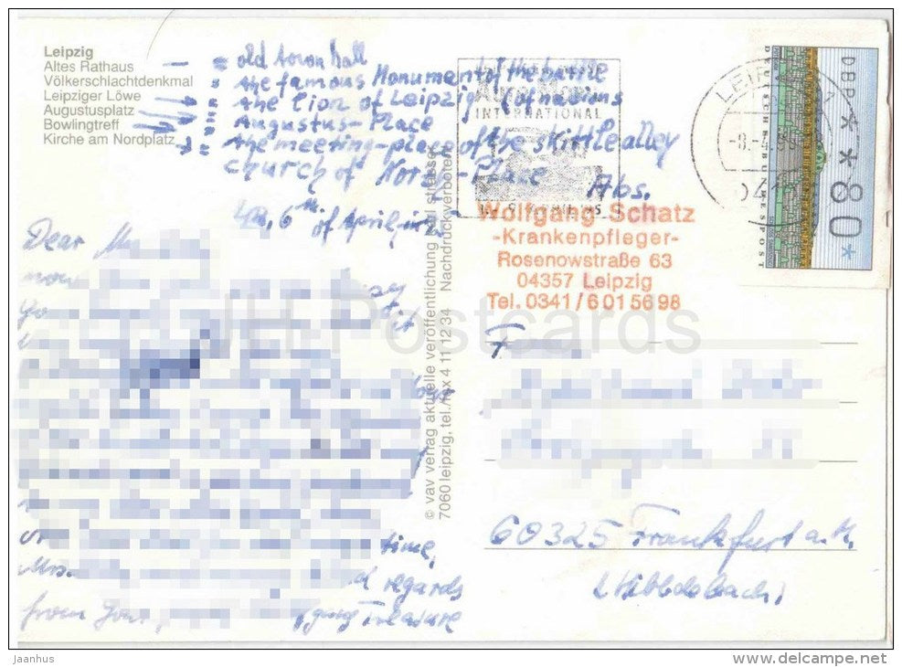 Leipzig - Altes Rathaus - Völkerschlachtdenkmal - Leipziger Löwe - Bowlingtreff - Kirche - Germany - 1996 gelaufen - JH Postcards