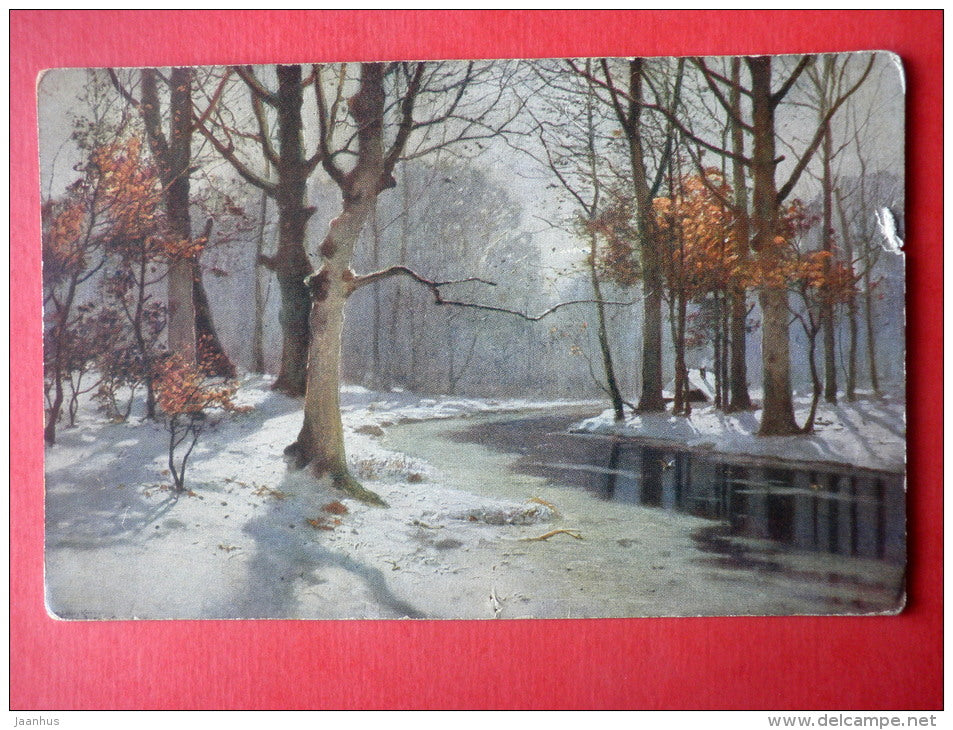 Painting by Müller-Kurzwelly , Winter - friver - forest - Russia - circulated in Estonia 1923 - JH Postcards