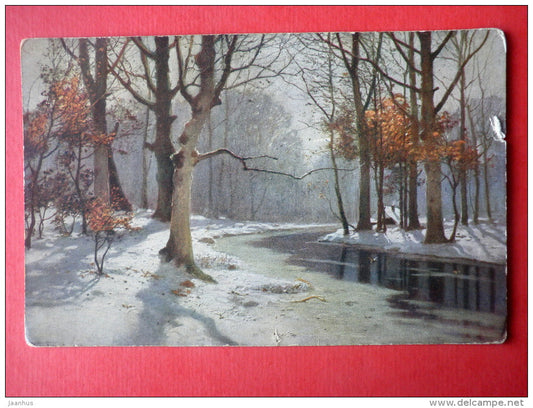 Painting by Müller-Kurzwelly , Winter - friver - forest - Russia - circulated in Estonia 1923 - JH Postcards