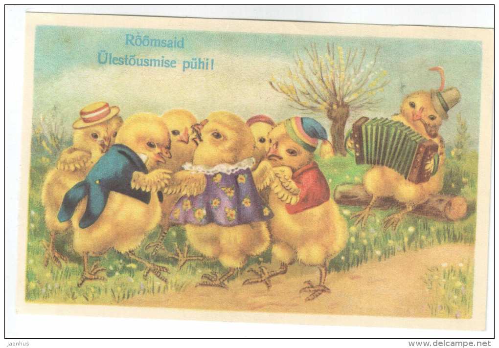 Easter Greeting Card - chicken - accordion - REPRODUCTION ! - 1992 - Estonia USSR - used - JH Postcards