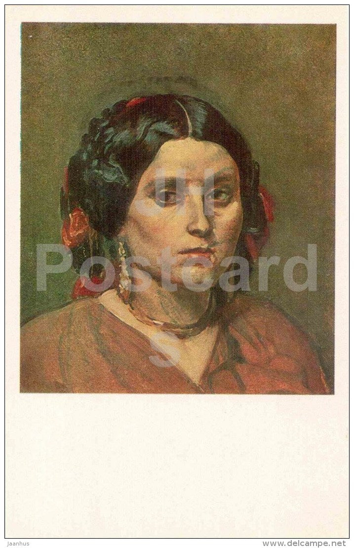 painting by Alexander Ivanov - Head of a Young Woman with Earrings - Tretyakov Gallery - russian art - unused - JH Postcards