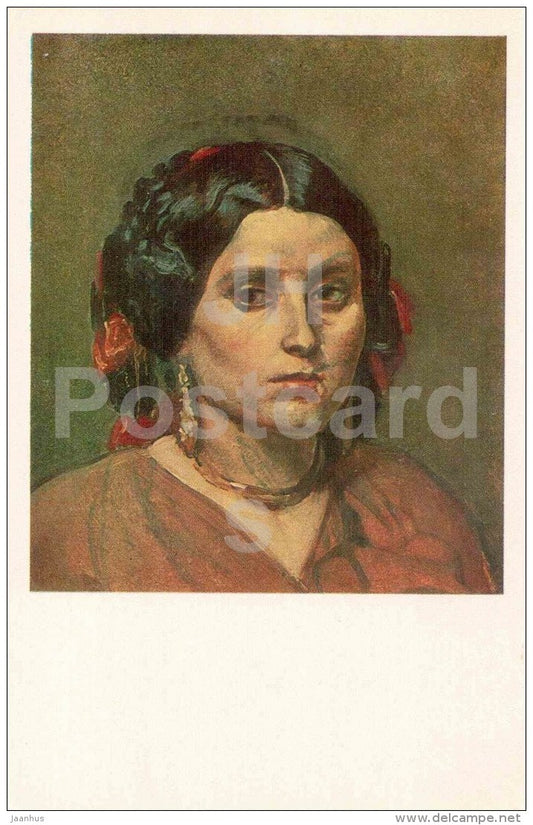 painting by Alexander Ivanov - Head of a Young Woman with Earrings - Tretyakov Gallery - russian art - unused - JH Postcards