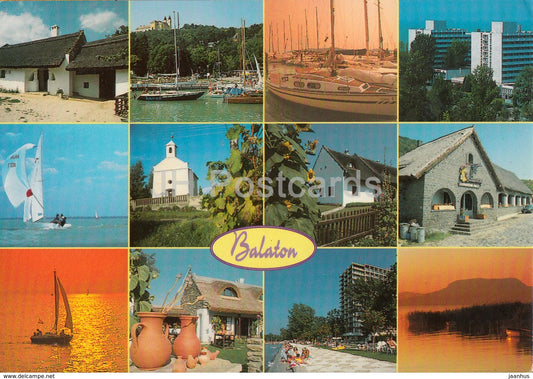 Greetings from Balaton - beach - sailing boat - church - hotel - multiview - 1990s - Hungary - used - JH Postcards