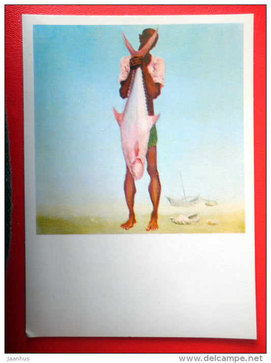 painting by A. Akhaltsev . Sea . Sri Lanka - fisherman - fish - russian art - unused - JH Postcards