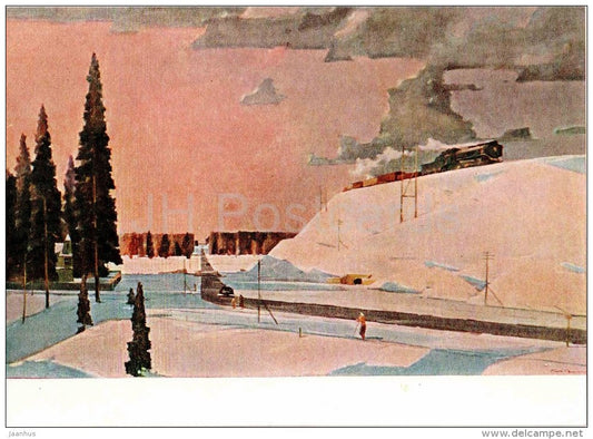 painting by G. Nissky - Near Moscow . February , 1957 - train - russian art - unused - JH Postcards