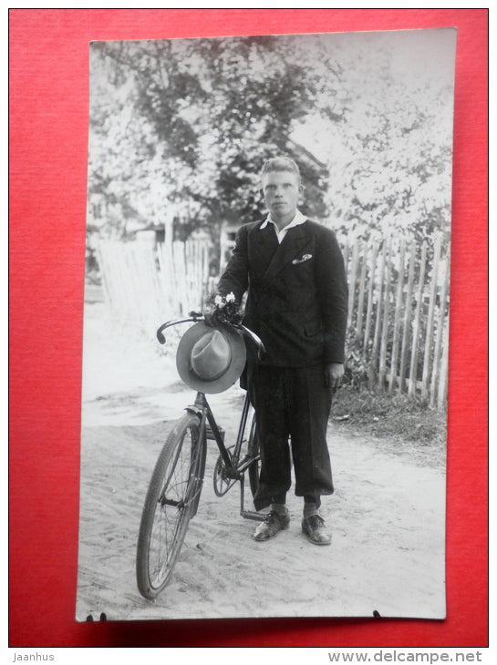 estonian man - hat - bicycle - old photo postcard - Estonia - unused - JH Postcards
