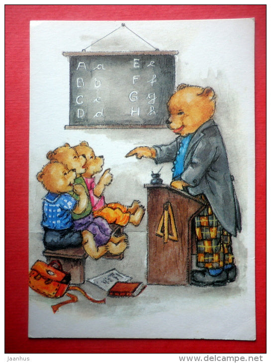illustration by Lori - school - bear - Finland - circulated in Finland 1984 - JH Postcards