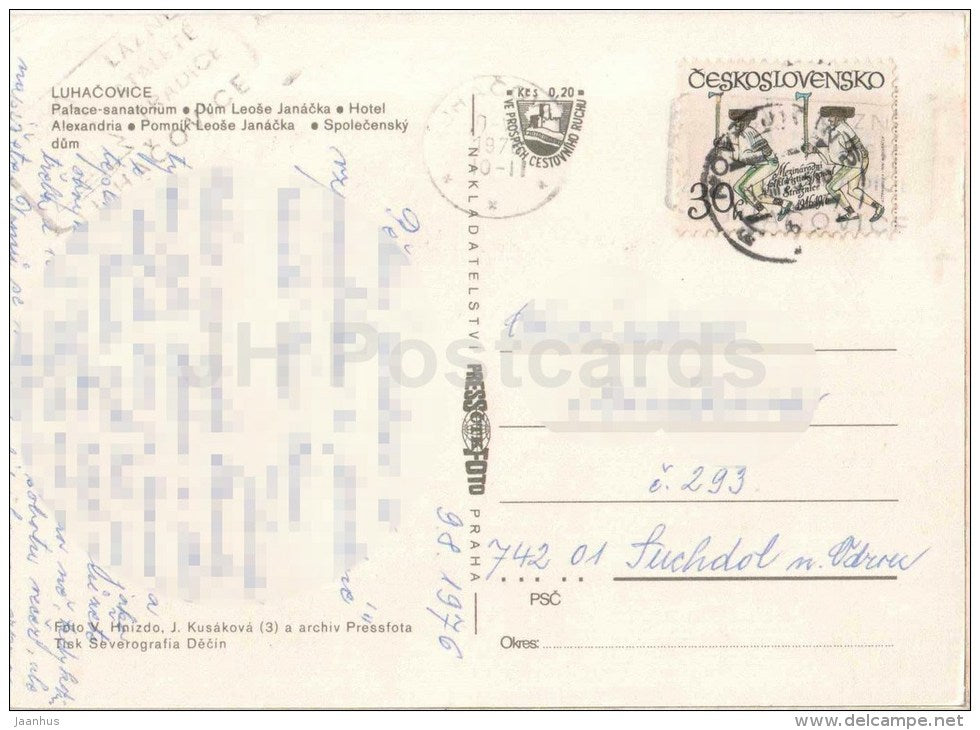 hotel Alexandria - spa - home of Leoš JanáÄek palace sanatorium - Lazne Luhacovice - Czechoslovakia - Czech - used - JH Postcards