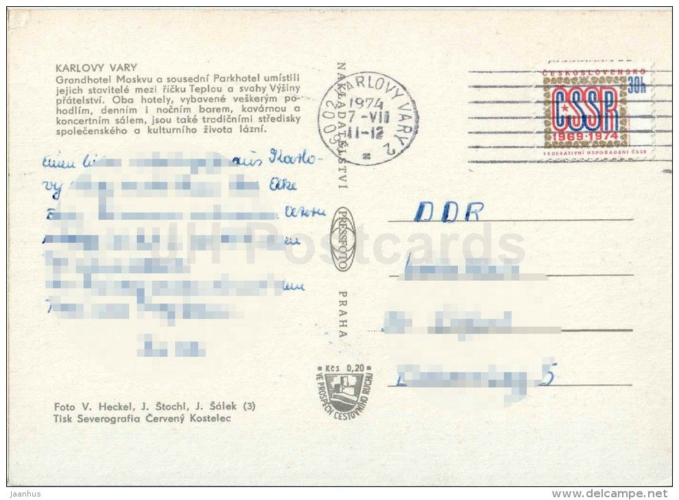 hotel Moscow - Parkhotel - Karlsbad - Karlovy Vary - Czech - Czechoslovakia - used 1974 - JH Postcards