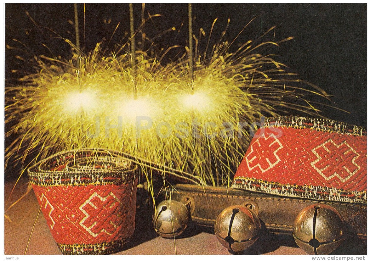 New Year Greeting card - 2 - sparklers - belt of folk costume - sleigh bells - 1984 - Estonia USSR - used - JH Postcards
