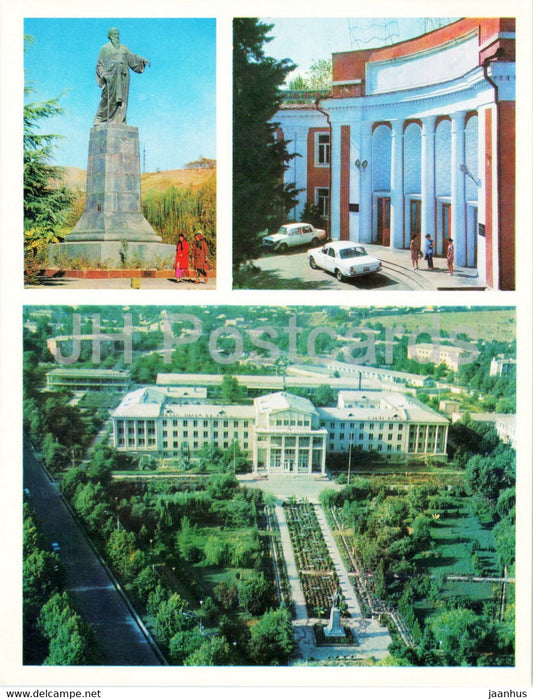 Dushanbe - monument to the poet Abu Abdullakh Rudaki - Agricultural Institute car Volga 1974 - Tajikistan USSR - unused - JH Postcards