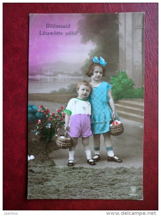 Easter Greeting Card - girl and boy - eggs - HB 9829/1 - circulated in Estonia 1928 , Kolu - France - used - JH Postcards