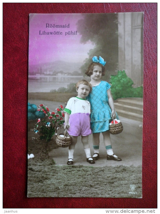 Easter Greeting Card - girl and boy - eggs - HB 9829/1 - circulated in Estonia 1928 , Kolu - France - used - JH Postcards