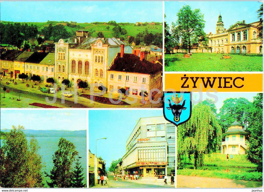 Zywiec - zamek - Technikum Przemyslu Lesnego - market square - technical school - multiview - Poland - used - JH Postcards