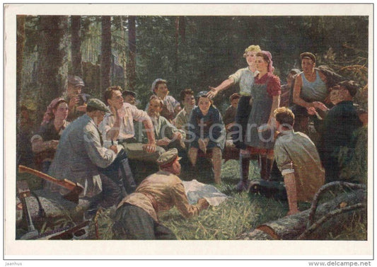 painting by E. Samsonov - Call on the socialist competition - axe - russian art - unused - JH Postcards