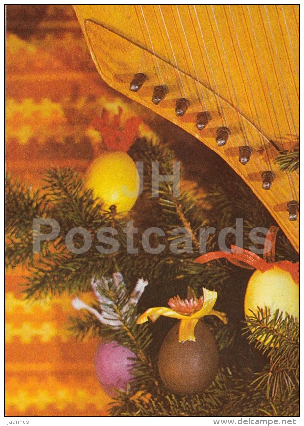 New Year Greeting card - 2 - Estonian zither - decorations - 1985 - Estonia USSR - used - JH Postcards