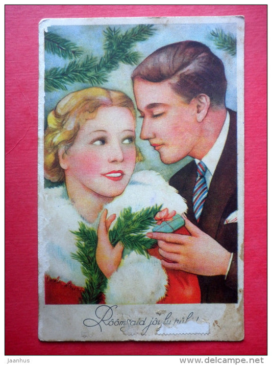 christmas greeting card - couple - man and woman - circulated in Estonia Kavastu 1937 - JH Postcards
